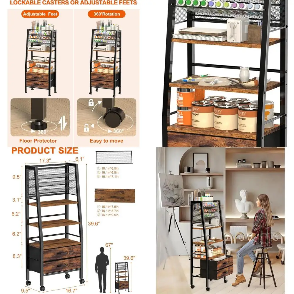 

3-Tier Art Cart with Lockable Wheels and Drawers - Craft Organizer for Supplies, Brushes, Paints, and Small Parts Storage