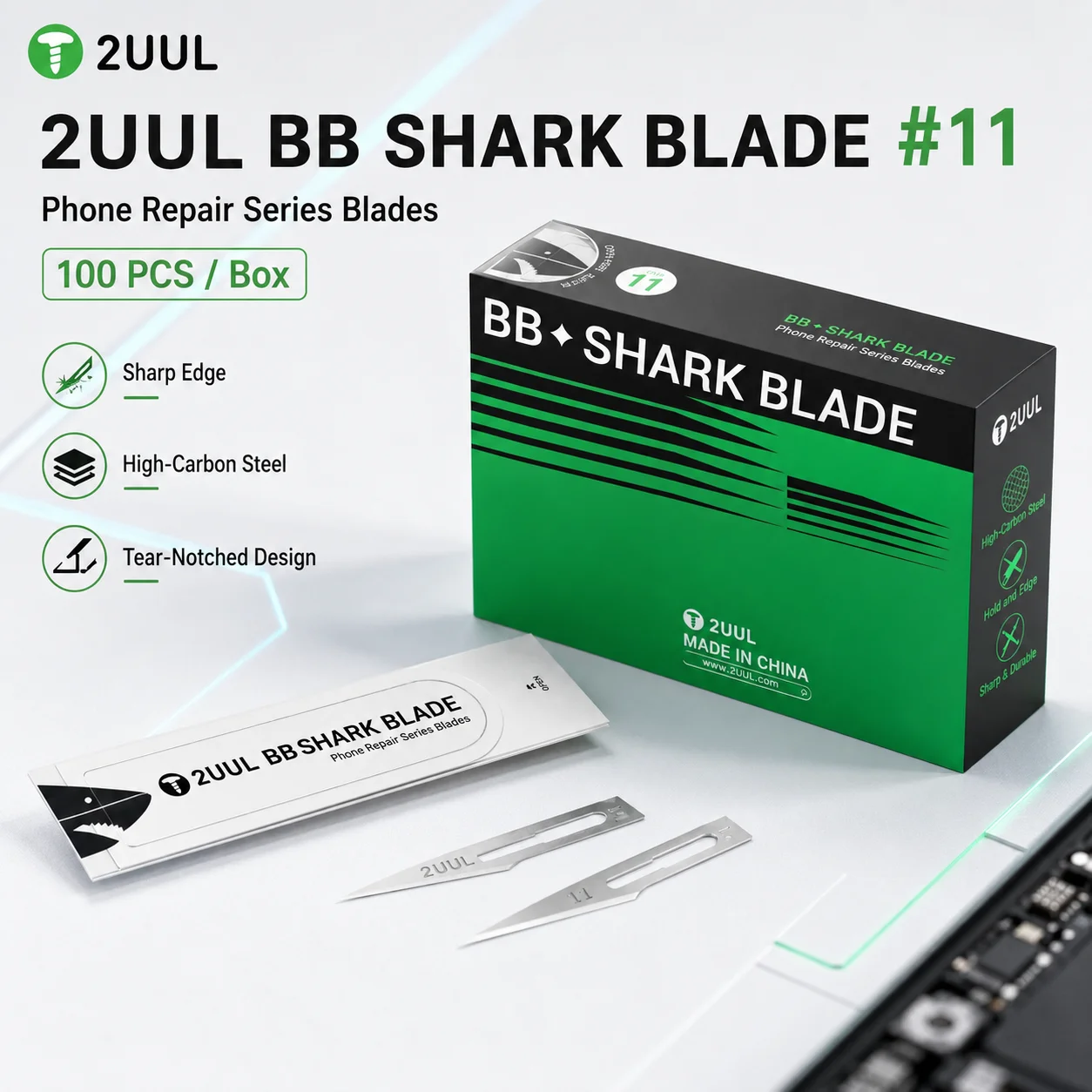 

2UUL DA18 BB Shark Blade #11 100PCS High Carbon Steel Tear-Notched Cutting Blades for Phone Repair PCB Disassembly Tool
