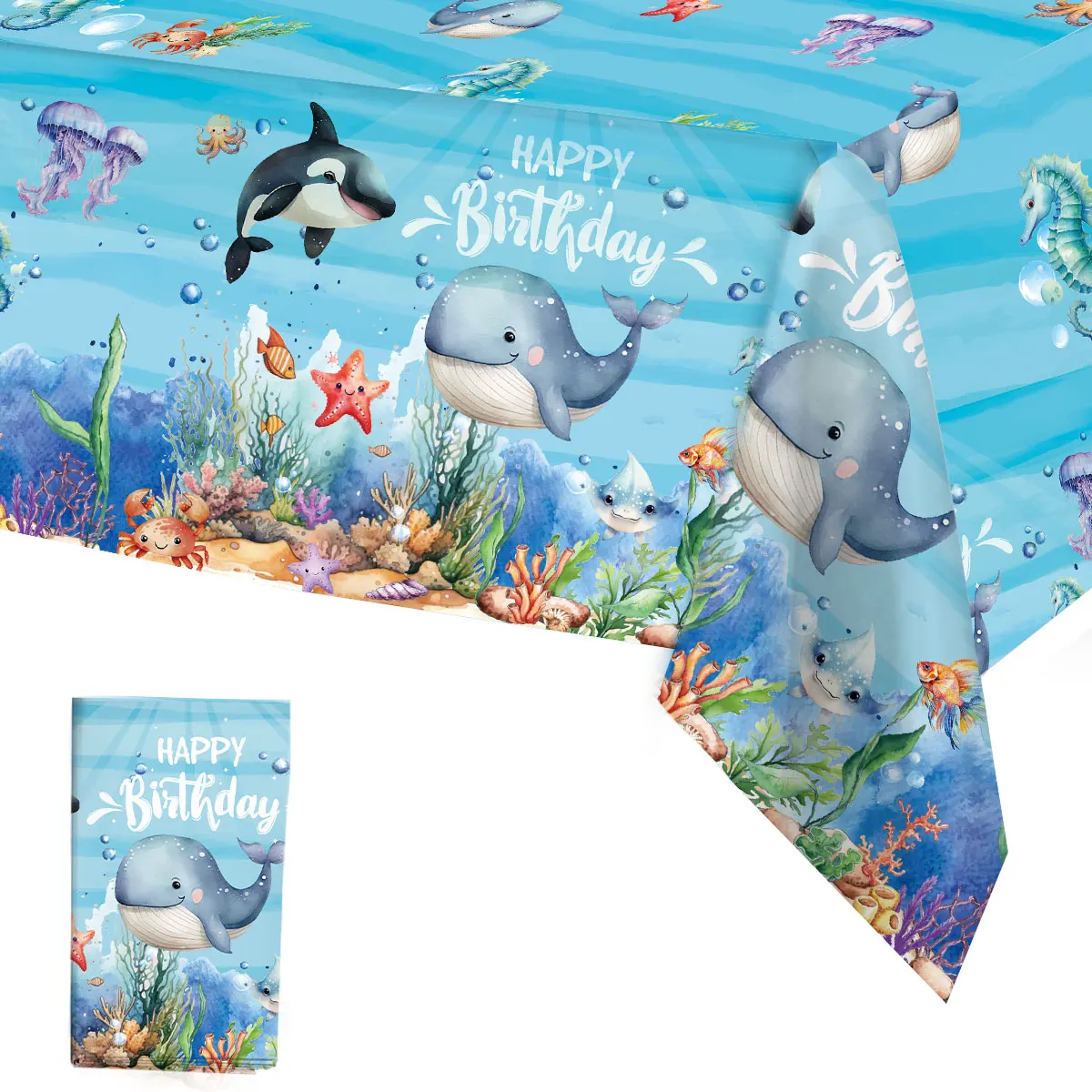 Blue Ocean Animal Birthday PE Tablecloth Under The Sea Theme Birthday Party Decorations Kids Adults Kitchen Dining Table Covers