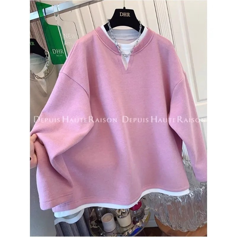 Dames gesplitst effen kleur ronde hals trui met lange mouwen nep tweedelig sportsweatshirt dieptepunt shirt losse top