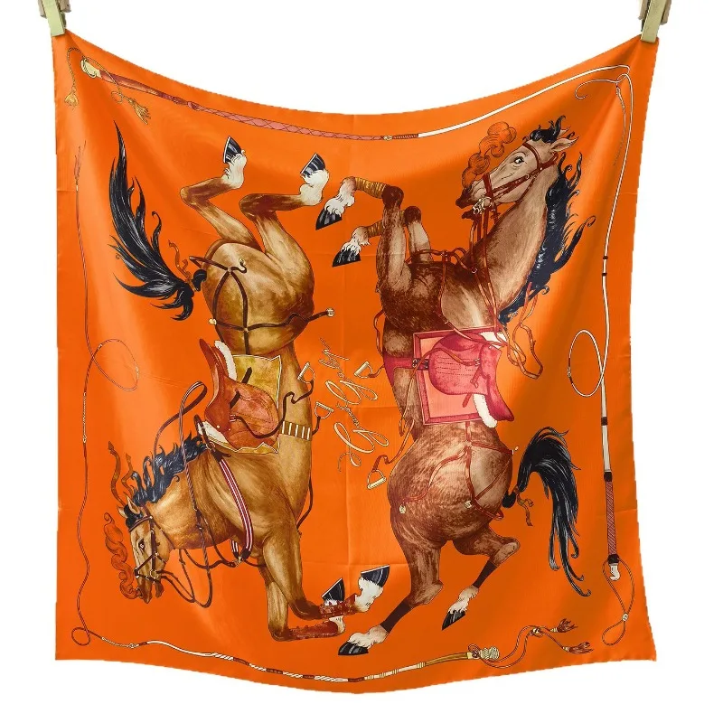Vintage Equestrian Horse Square Scarf 90X90CM 100% MULBERRY SILK Orange Printed Large Neck Shawl Unisex Decorative Bandana Gift