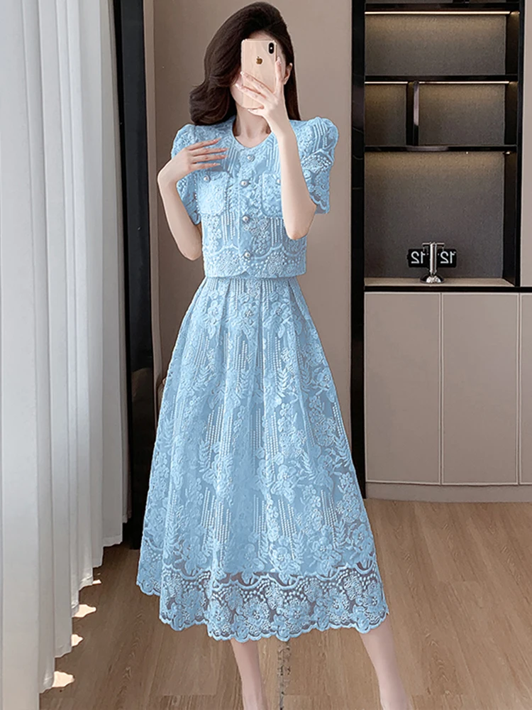 2024 Summer New Embroidery Lace 2-częściowy zestaw Szykowne damskie koraliki w kwiaty Jednorzędowy krótki top + A Line Midi Skirt Suits High Qu