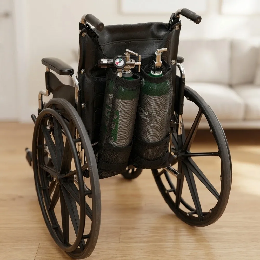 Oxygen Tank Support Bag for Wheelchair Accommodating Dual Cylinders and Offering Convenient Mesh Storage Space