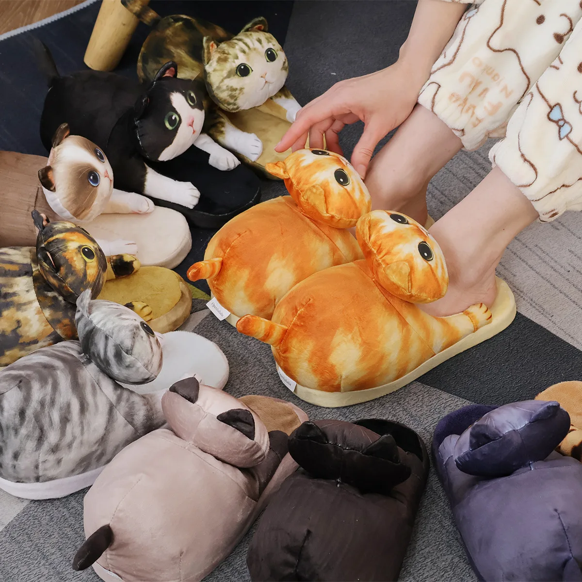 Winter New Product Simulation Cat Cotton Slippers Women's Flat Flat Home Slippers Anti slip Warm Cartoon Cotton Slippers