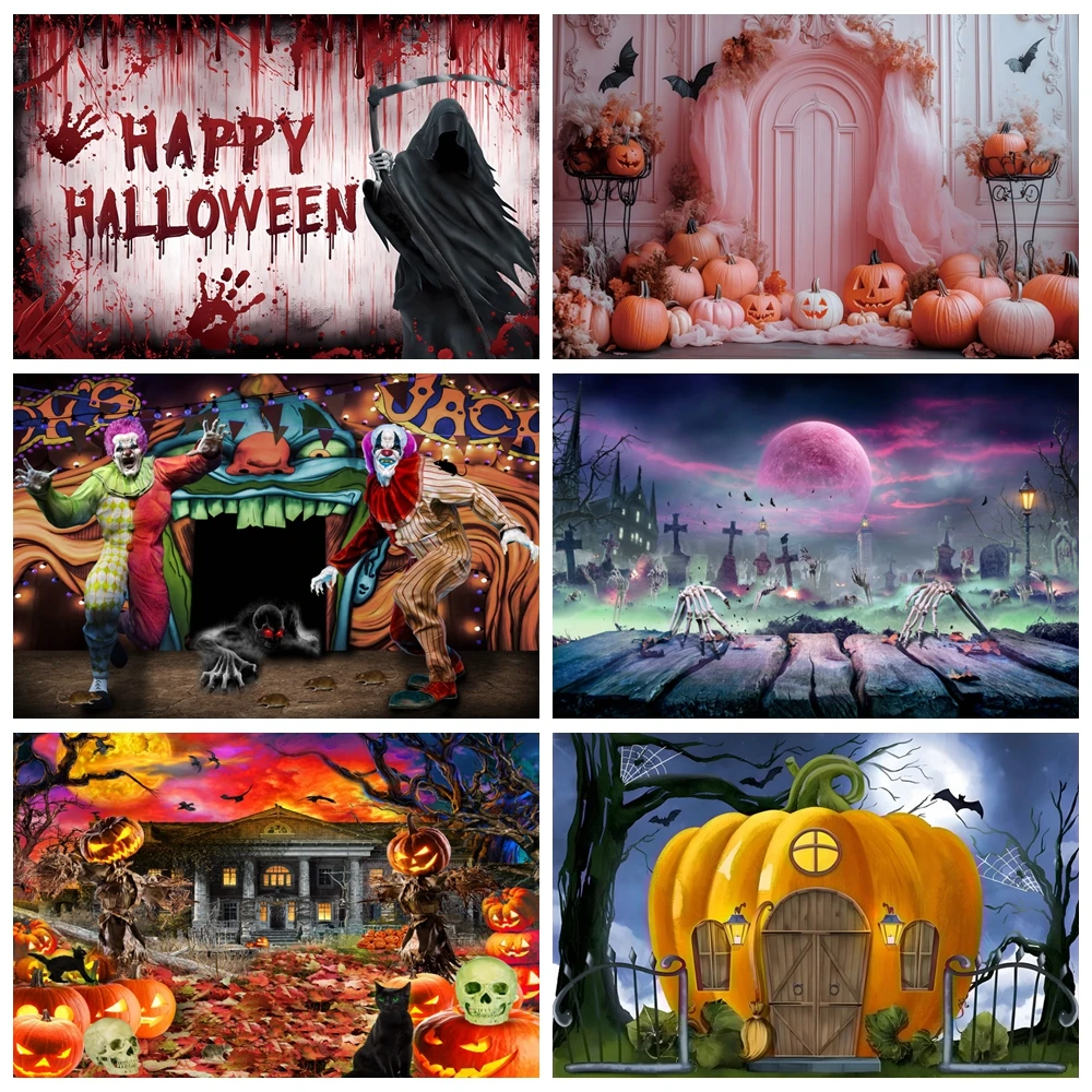 

Horror Halloween Photography Backdrop Scary Forest Pumpkin Evil Clown Circus Bloody Halloween Party Decor Background Photo Props