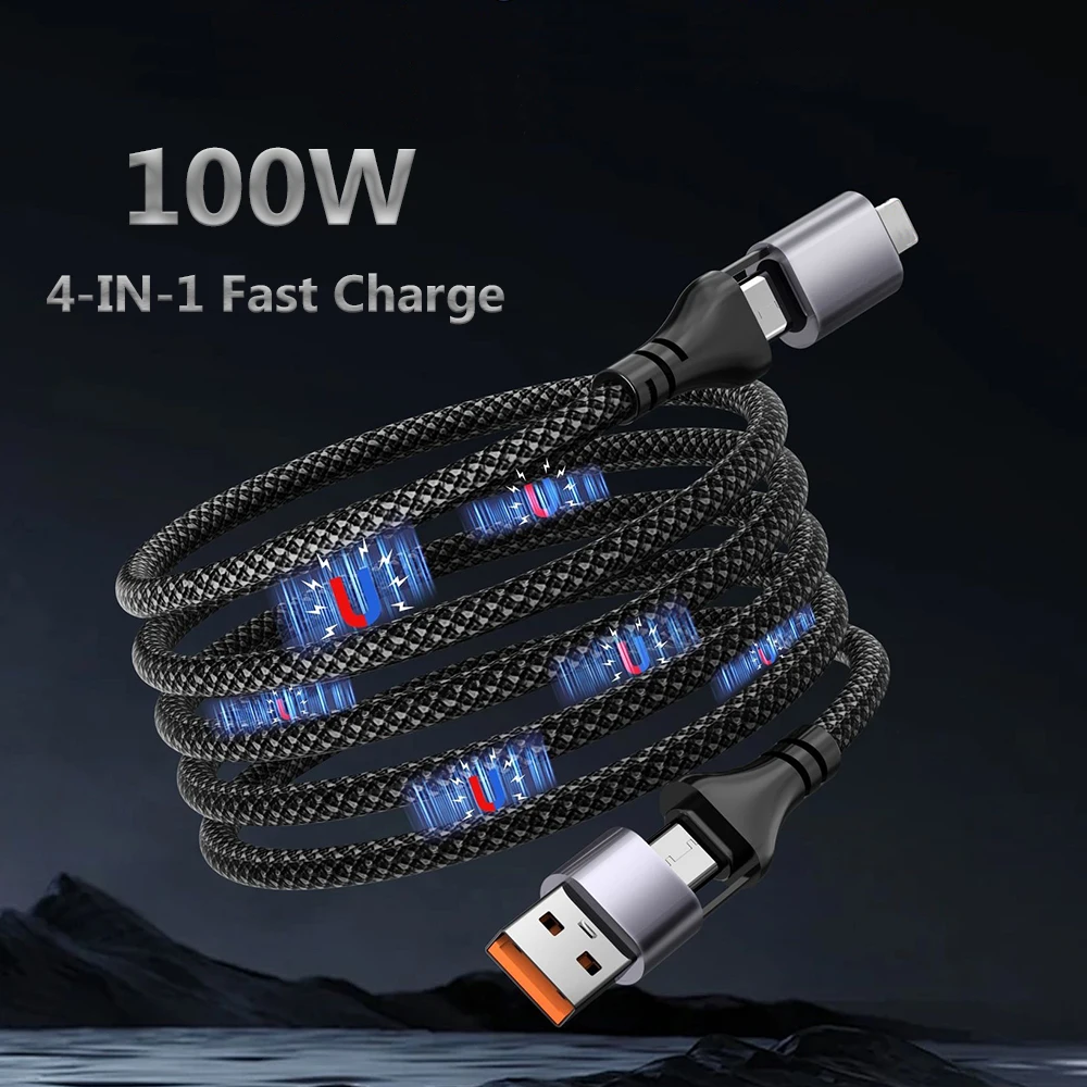 

4In1 Magnetic Fast Charge Cable Braid Suction Anti Winding PD100W USB C Cable to For iOS Cable for Samsung Huawei Xiaomi Lenovo