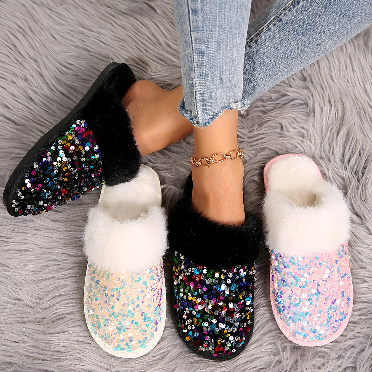 Women Bling Fur Cotton Slippers Flat Slingback Sandals New Designer Warm Fashion Causal Bedroom Slippers Luxury Slides Women