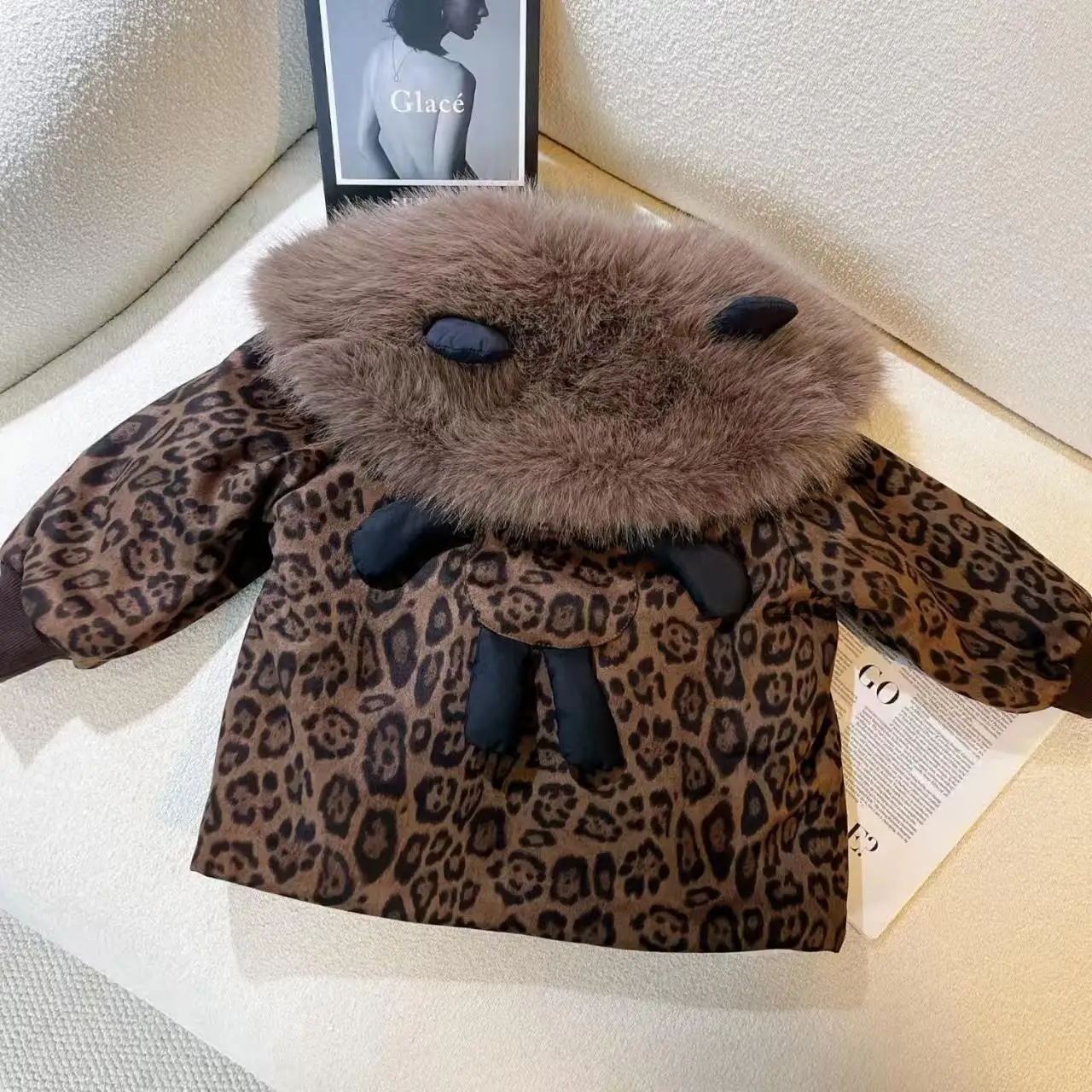 Girls' Winter New Leopard Pattern Pie Overcoming Plush Thick Coat with Western style Hairy Collar Plush Coat 90-130CM