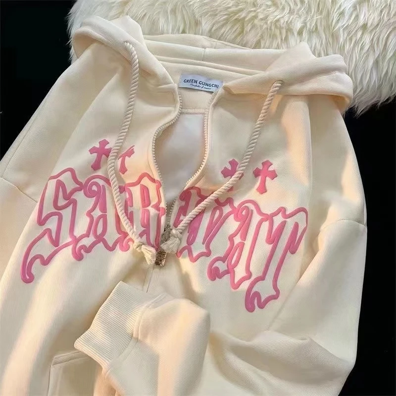 Goth Embroidery Hoodies Women High Street Harajuku Retro Hip Hop Zip Up Hoodie Loose Man Sweatshirt Hoodie Clothes Y2K Hoodie