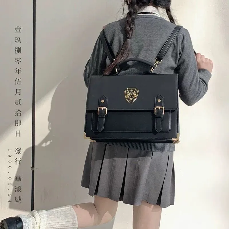 JIAERDI-Mochila japonesa Jk para mujer, morral de estilo Preppy, con asa de cuero Pu, color negro, Vintage, estética Harajuku