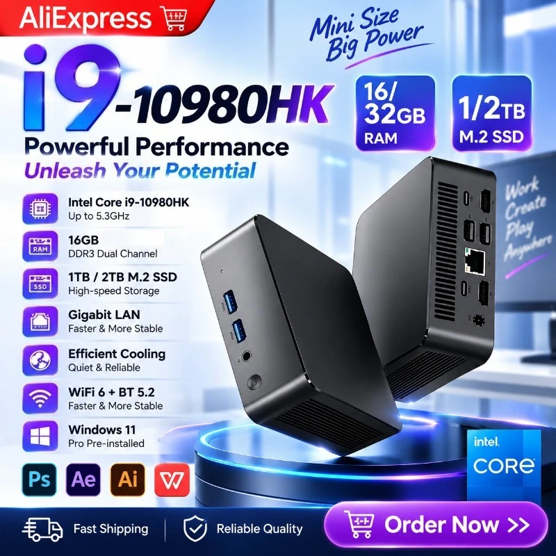Mini PC  Intel I9-10980HK 16GB RAM 1TB 2TB SSD PC Gamer Computer Dual WIFI 6 BT5.2 4K HD Gaming Desktop