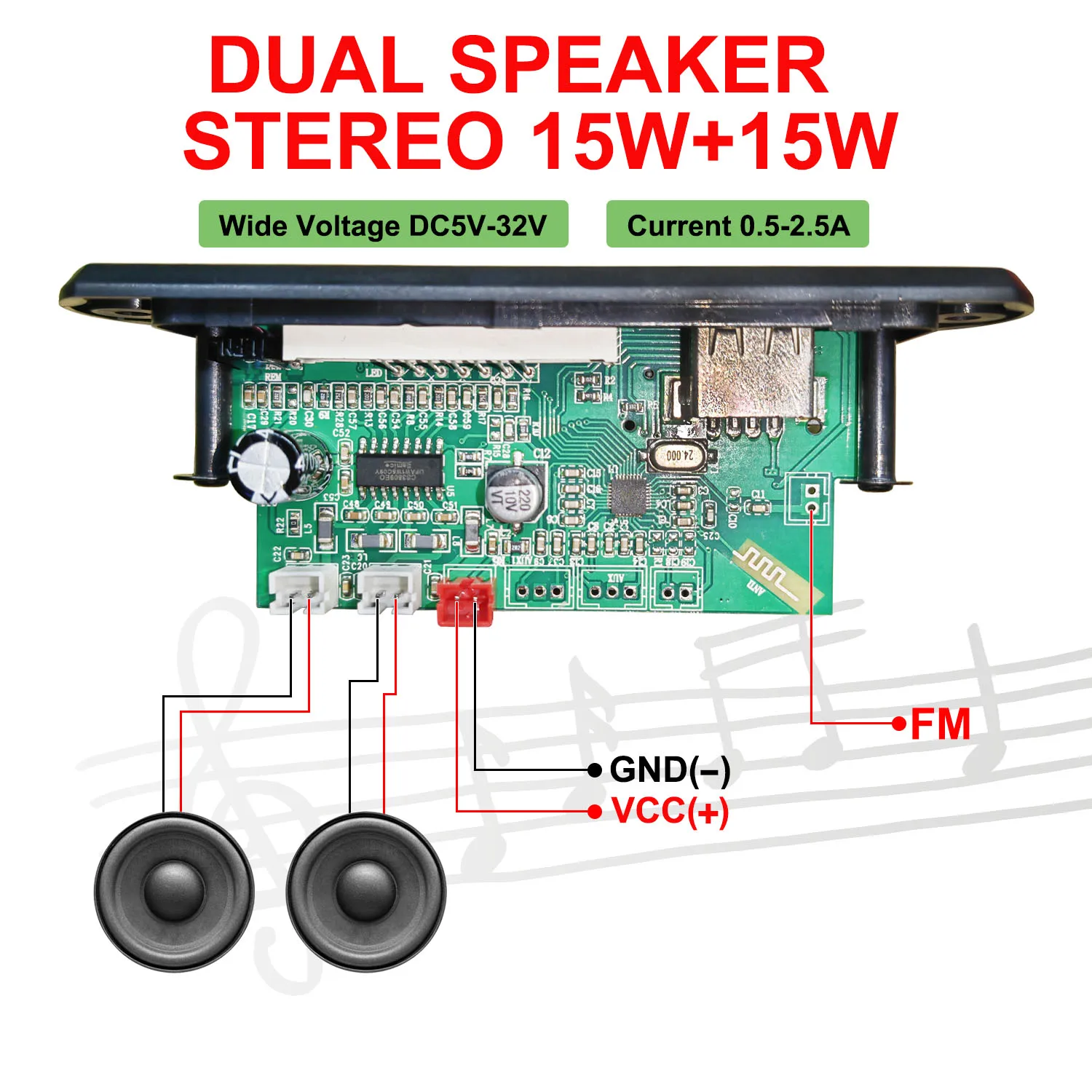 DC 5V-32V 30W Bluetooth 5.0 Receiver Amplifier Board MP3 Decoder Player FM Radio TF USB 3.5mm AUX Module Car Audio kit