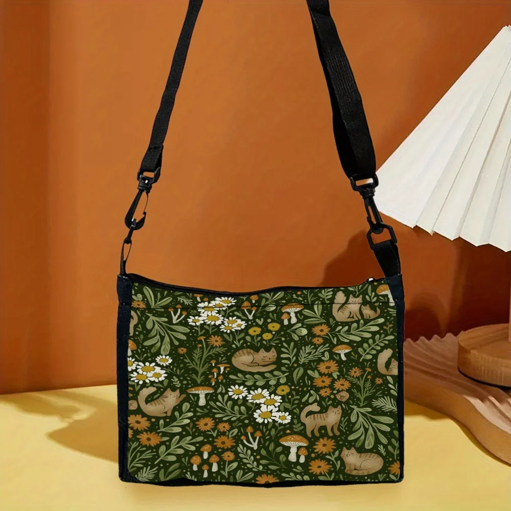 

Injury Cat and Flower Mushroom One-shoulder Bag with Adjustable Shoulder Strap， Outdoor Leisure Travel Cross-shoulder Bag