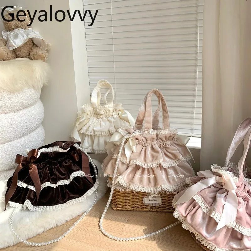 

Velvet Lace Trim Solid Color Versatile Handheld Makeup Bag Ruffled Edge Handbag Japanese Style Sweet Cute Girl Crossbody Bags