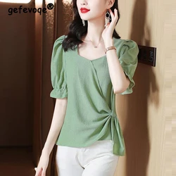 Frauen Kleidung Sommer koreanische Mode elegante unregelmäßige Bluse Büro Dame lässig Kurzarmhemd quadratischen Hals solide schlanke Tops