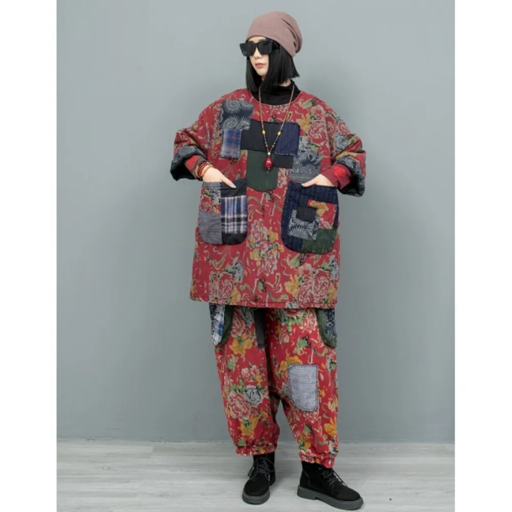 Red Flower Linen Loose Medium Long Round Neck Seven Quarter Sleeve Cotton Jacket + Pants Two-piece Set Women Winter ZF378