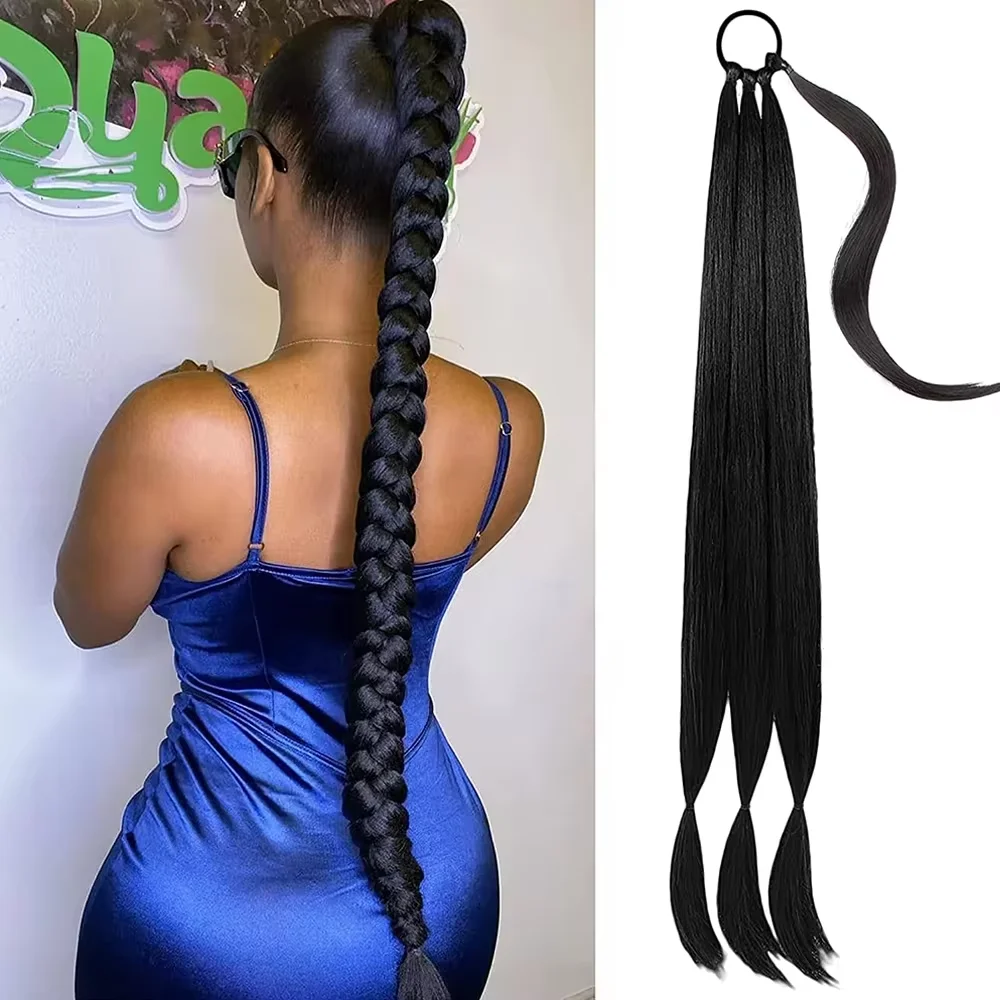 Long Braided Ponytail Extensions 34 Inches Synthetic Kinky Straight Wrap Black Hairpiece Pony Tail High Temperature Fiber