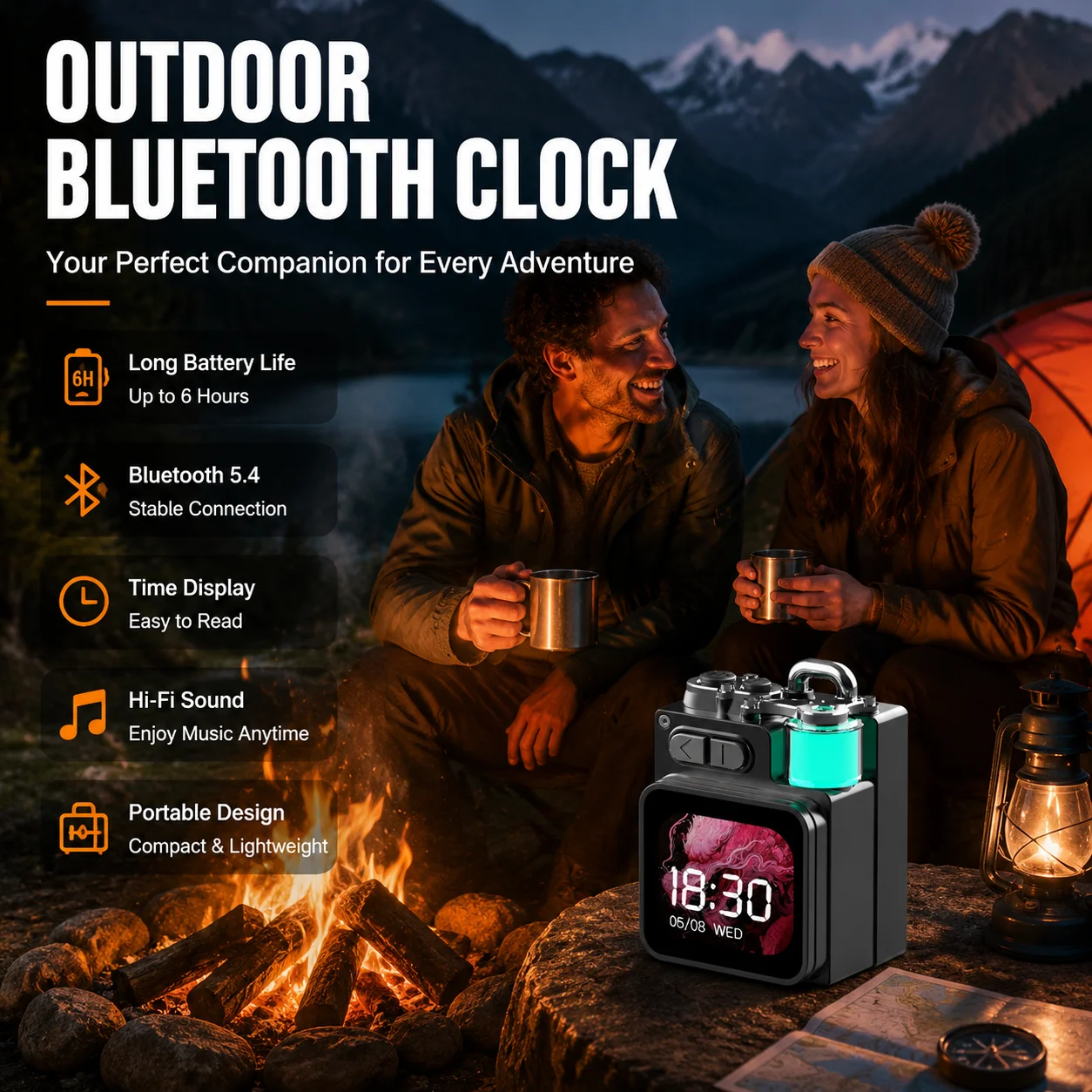 Миниатюрный портативный Bluetooth-будильник для путешествий с цветной подсветкой и цифровым дисплеем времени для походов и кемпинга.