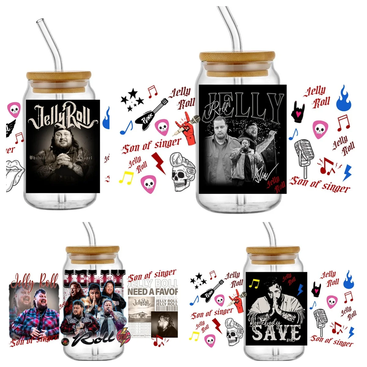 المغني الشهير جيلي لفة ملصق مائي UV DTF كأس يلتف ل 16 أوقية مقاوم للماء UV DTF نقل ملصق نظارات لتقوم بها بنفسك القدح ملصق مائي التفاف