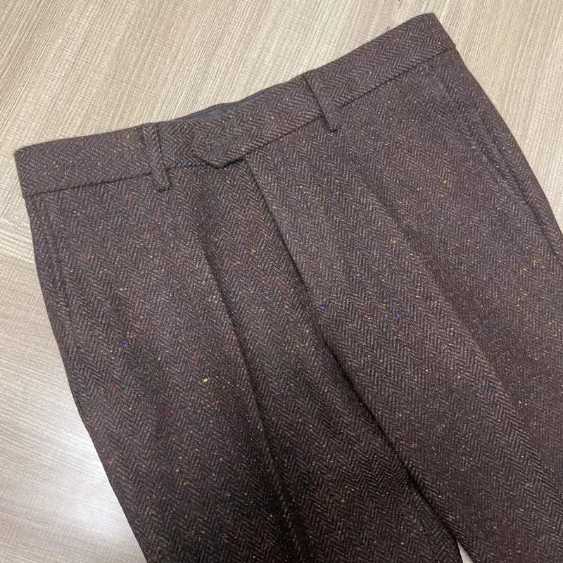 

Spring Autumn Slim Fit Tweed Wool Men's Busin Pants Vintage Cheered Dot Long Trousers for Office Wear