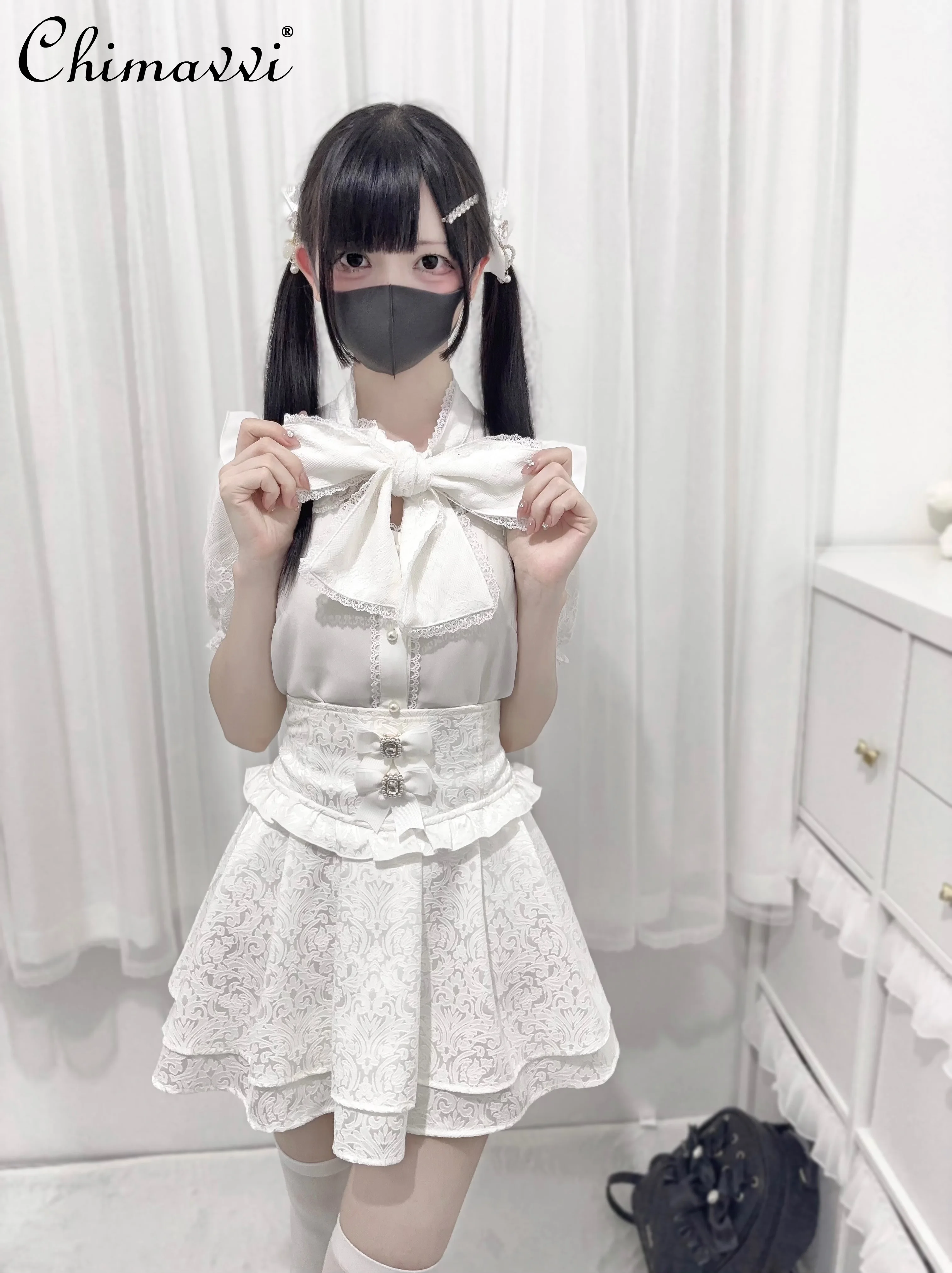 Japanese Mine Mass-Produced Sweet Girls Lace-up Big Bow Cutout Stitching Lace Short Sleeve Shirt Lolita Blouses Women Tops