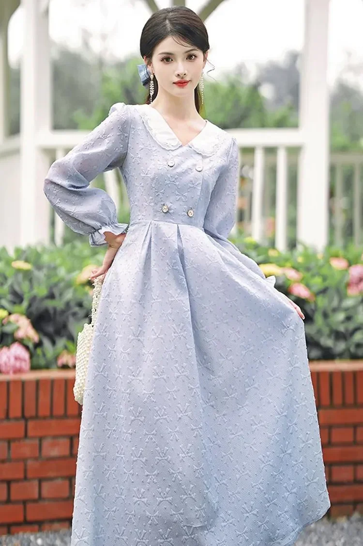 Retro French Style Woman Dress Vintage Victorian Design Lace Peter Pan Collar Elegant Lady Midi Dresses Faldas Vestido Longo