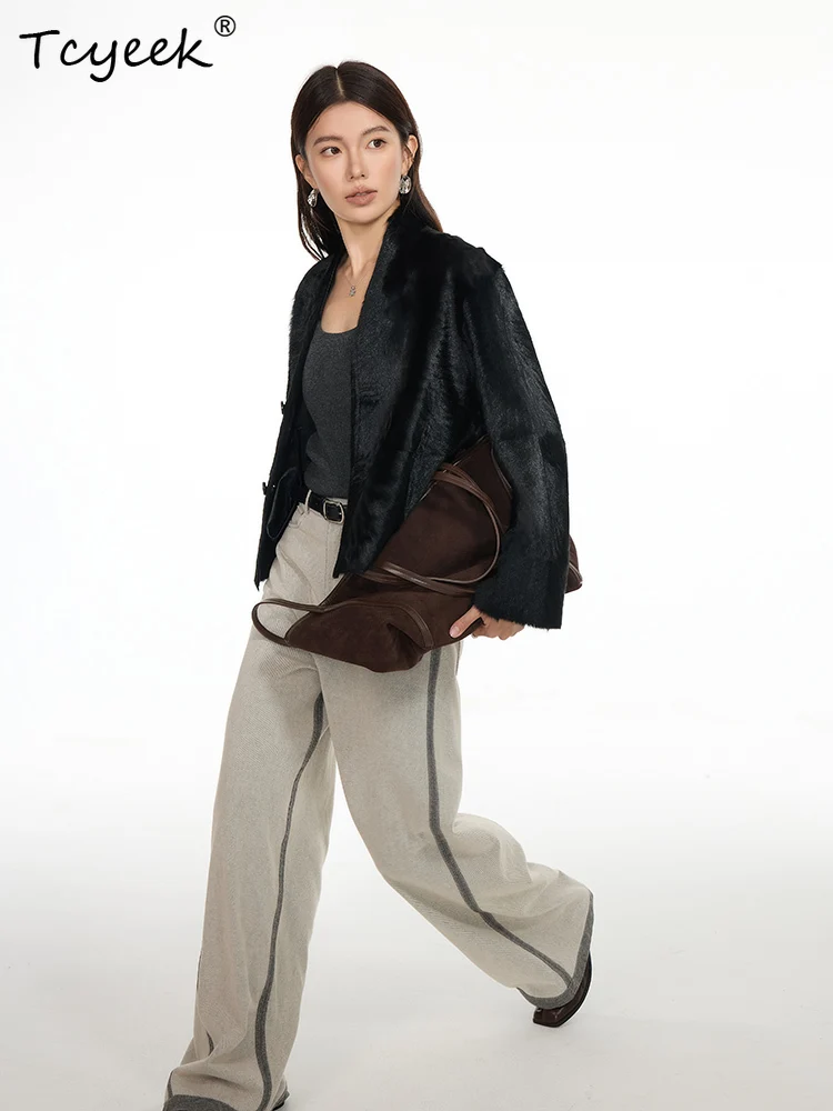 Tcyeek ウール 秋冬 ハイエンド トレンド Vネック 両サイドショート丈 レディース ウール シアリング ファーコート ファーレディース