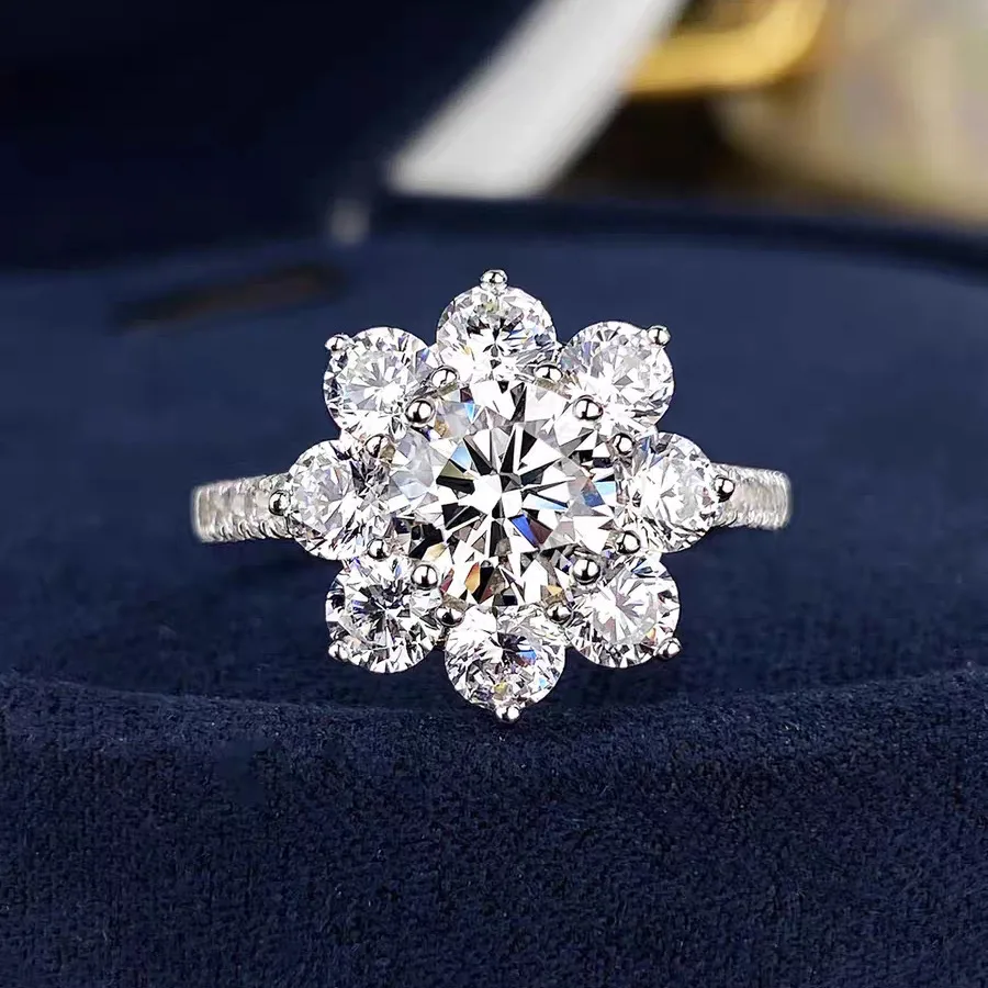 Women's Bulb Snowflake Ring PT950 Platinum 3CT Moissanite Bulb Center + Snowflake Rim 3D Sparkle Unique Eye-Catcher Gift