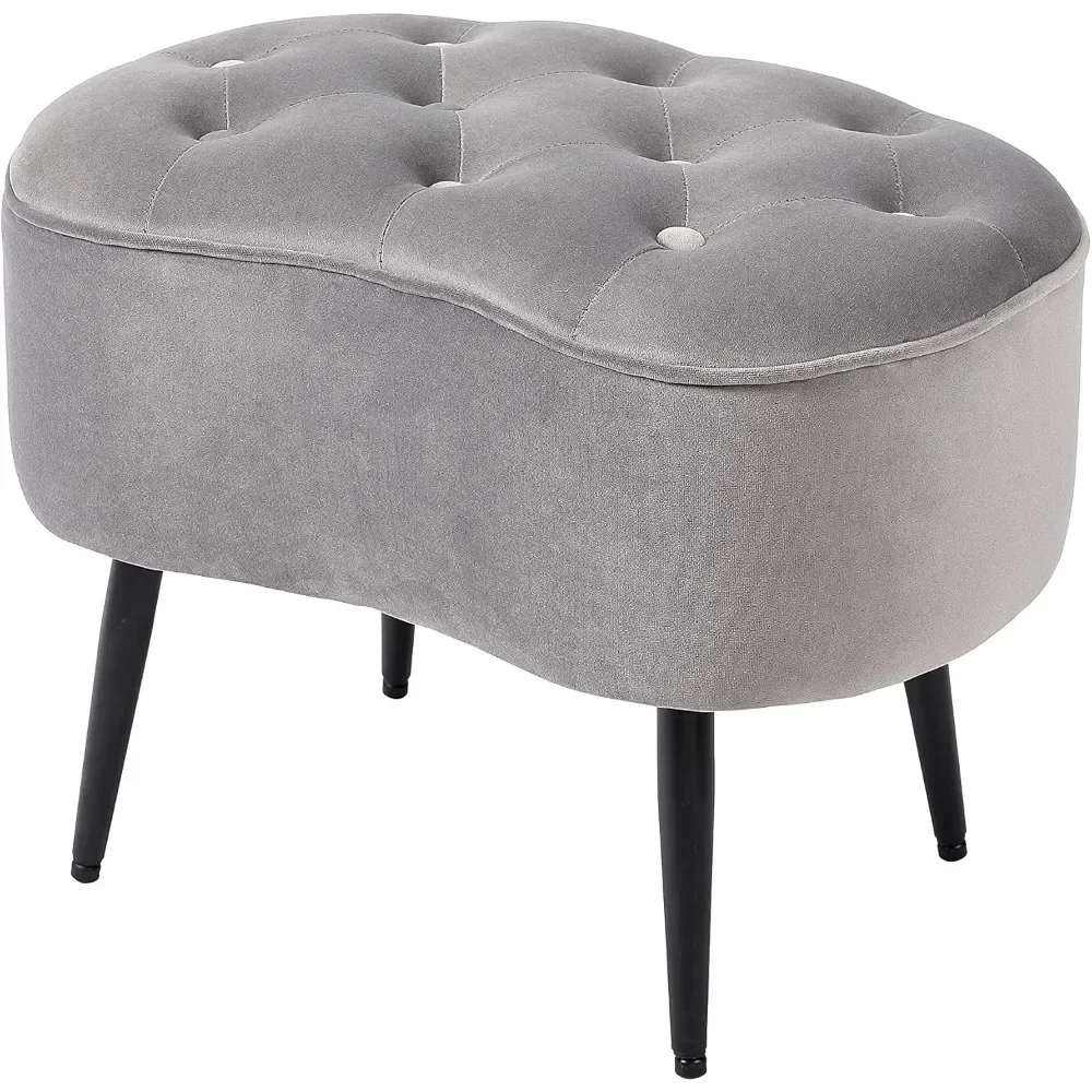 Tufted Oblong Grey Ottoman – Velvet Foot Stool – Mid Century Modern Steel Legs - Soft Compact Padded Stool - Living Room or