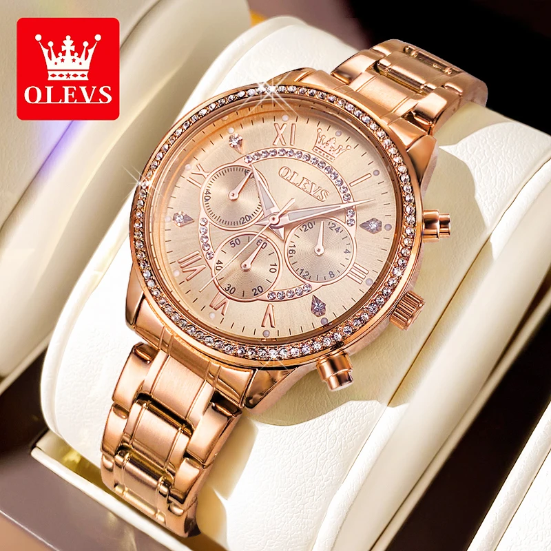 

OLEVS Elegant Women's Watch Luxury Diamond Three Small dials Multi functional Waterproof Watch Top Brand Quartz Women's Watch
