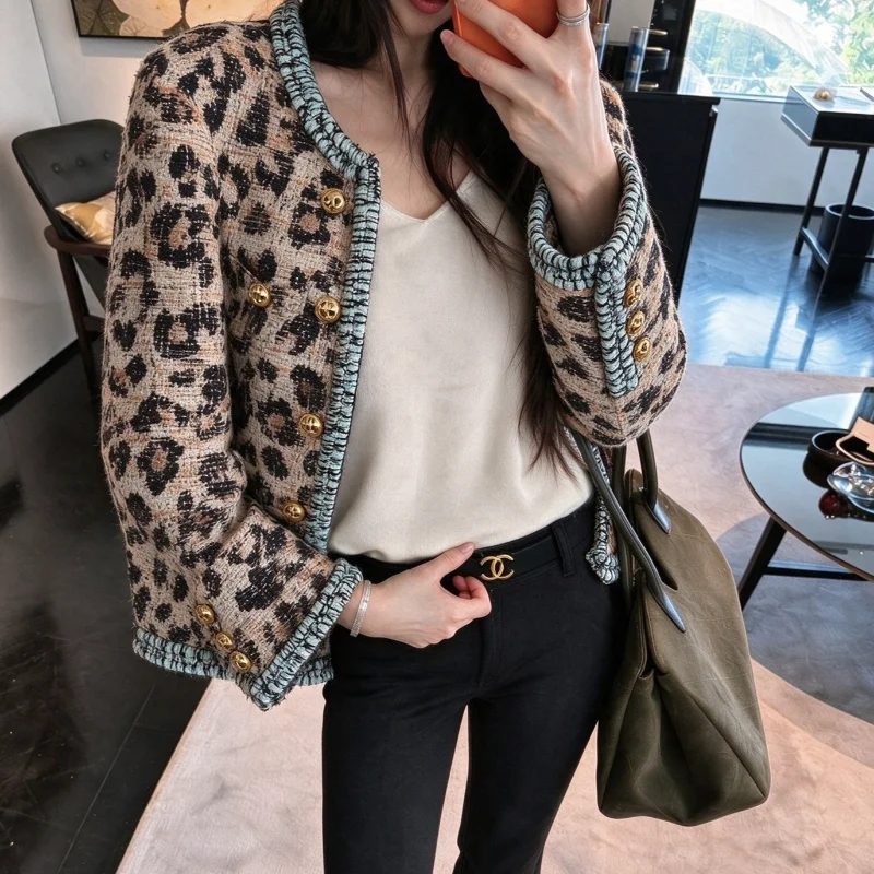 French High Quality Leopard Print Small Fragrance Coat Women O Neck Ribbon Long Sleeve Vintage Tweed Short Jacket Autumn Winter