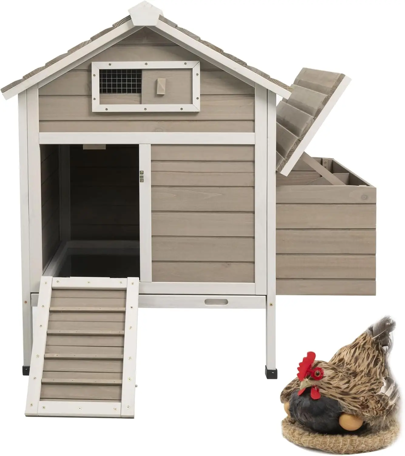 Petscosset Chicken Coop with Nesting Box, Hen House with Ramp Outdoor Poultry Cage with Pull Out Tray