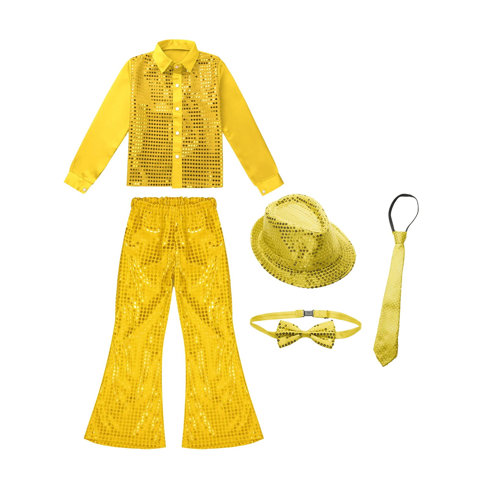 Kids Jazz Dance Disco Modern Stage Performance Outfits Glittery Sequined Long Sleeves Shirt with Flared Pants Hat Bowtie Necktie