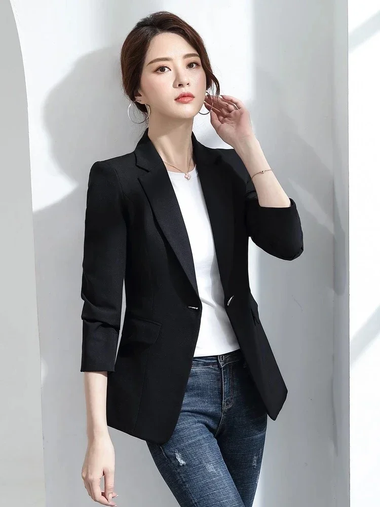 Pop Pop ผู้หญิง Blazer เกาหลี Casual Slim Blazers แจ็คเก็ตทํางานเสื้อแจ็คเก็ตแฟชั่นฤดูใบไม้ผลิฤดูใบไม้ร่วงอาชีพหญิงเสื้อสํานักงาน Lad