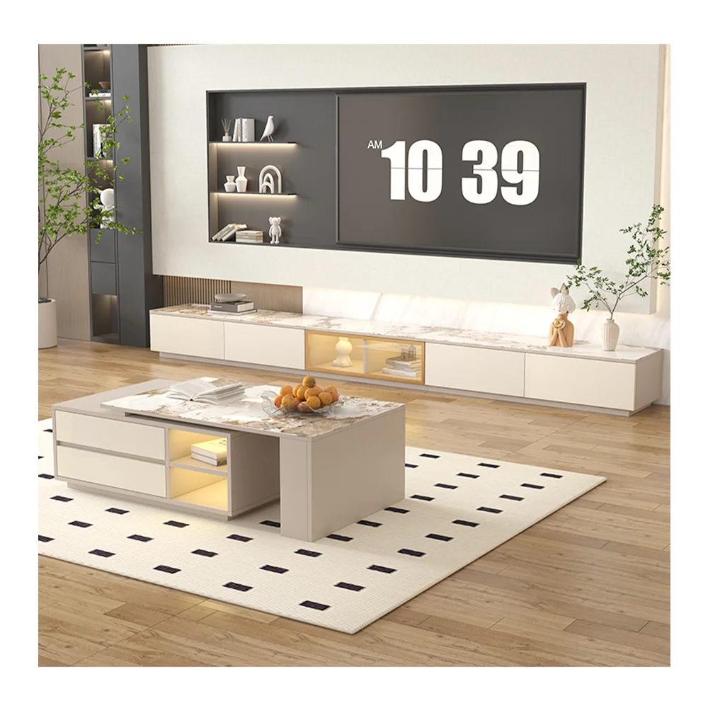 

2023 Nordic luxury Adjustable Marble TV unit cabinets modern tv stand and coffee table with drawer for living room furniture