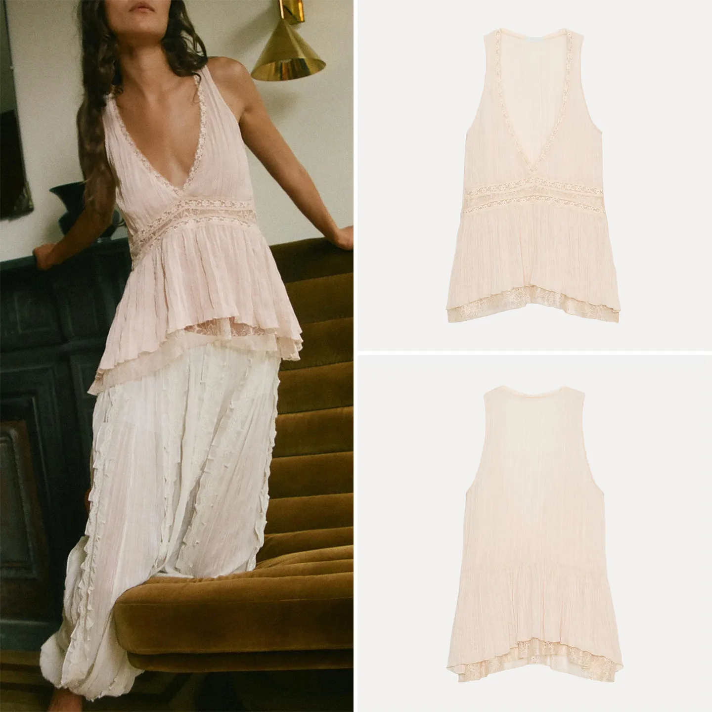 Women's Lace Sleeveless V-neck Asymmetric Patchwork Top ZADATA Brand Comfortable Fit Fabric Other Material 100% Regular Length