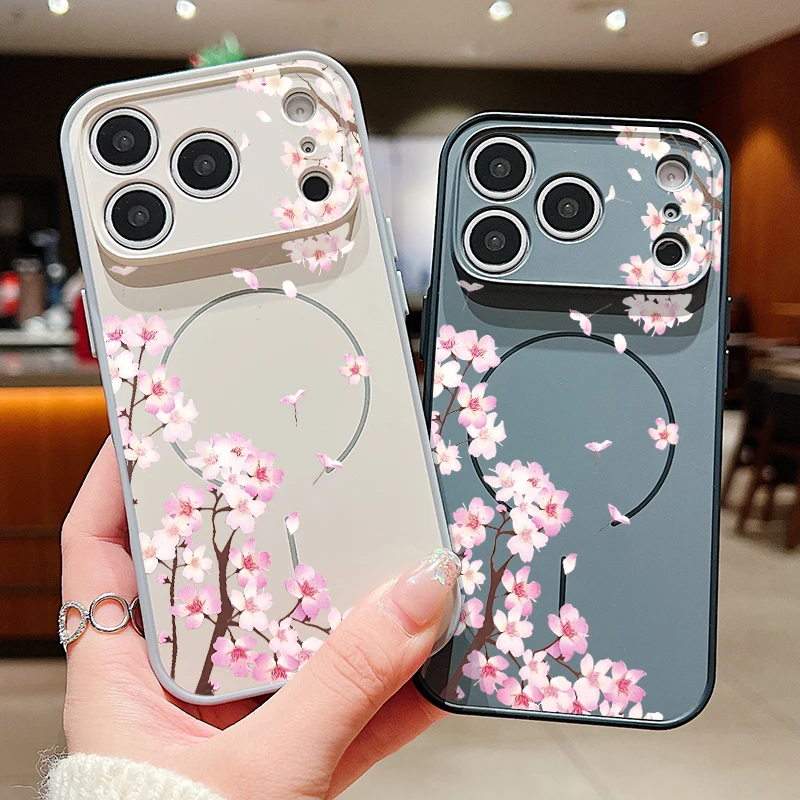 Magnetische Handyhülle mit Pfirsichblütenmuster für iPhone 17 Pro Max 16 15 14 13 Pro Max für Magsafe Wireless Charge Hard PC Cover