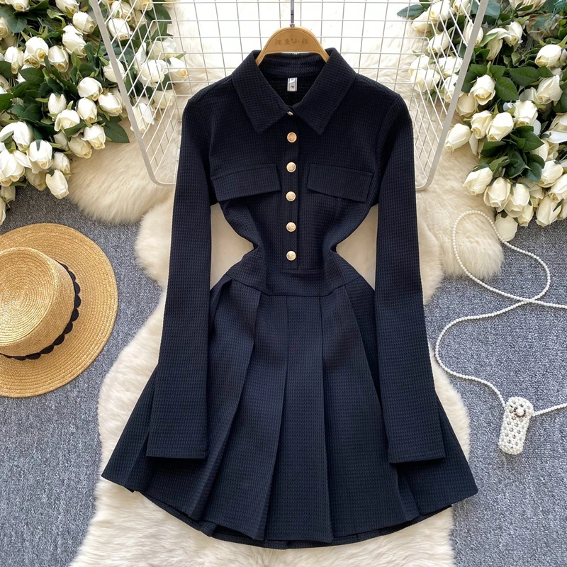 الفرنسية الرجعية نمط طويلة الأكمام طوق أزرار معدنية الخصر Cinching التخسيس مطوي فستان المرأة الربيع الزي #1