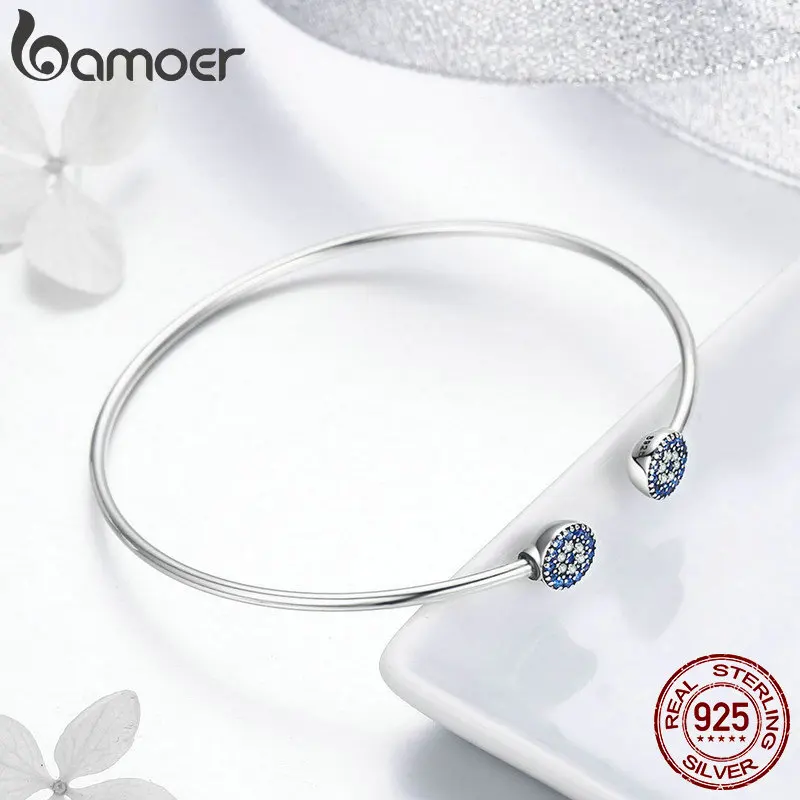 BAMOER 100% 925 Sterling Silver Blue Zircon Lucky Eyes Bracelet for Women Open Cuff Bangle Classic Luxury Jewelry SCB058