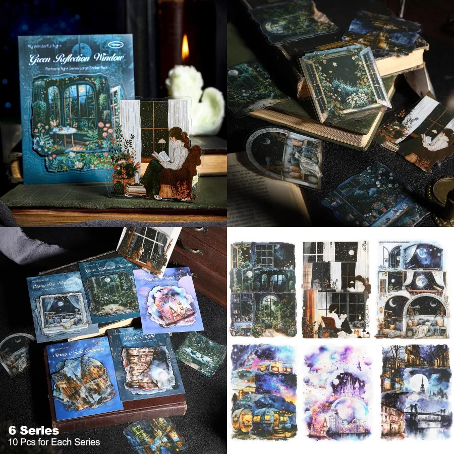 

60 Pcs Fantastic Night PET Sticker Set with Large Starry Night and Window Scene Designs Perfect for Scrapbooking Journaling and