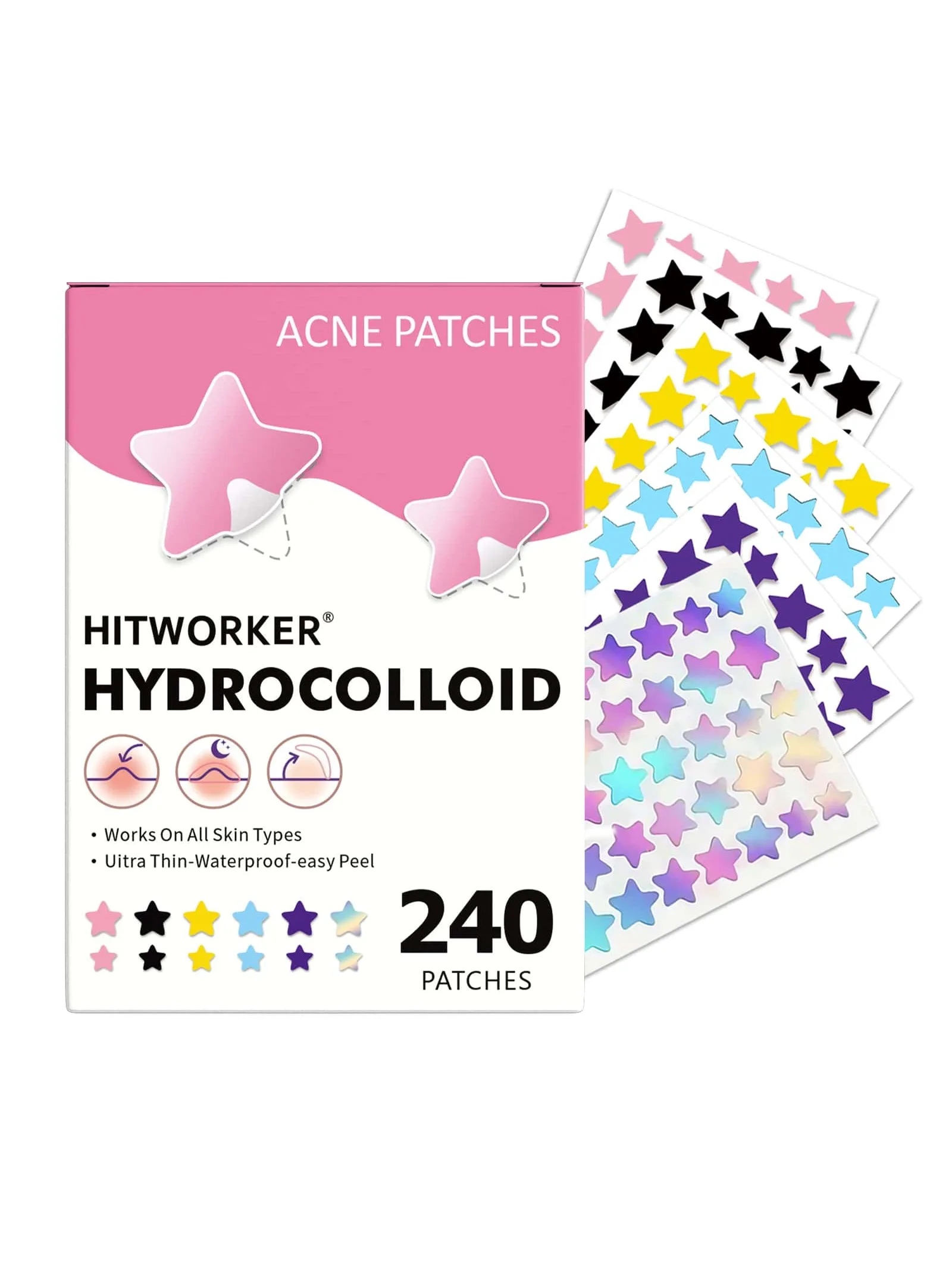 

240 star shaped acne stickers per set, six colors, waterproof, gentle on the skin, suitable for daily and Halloween use