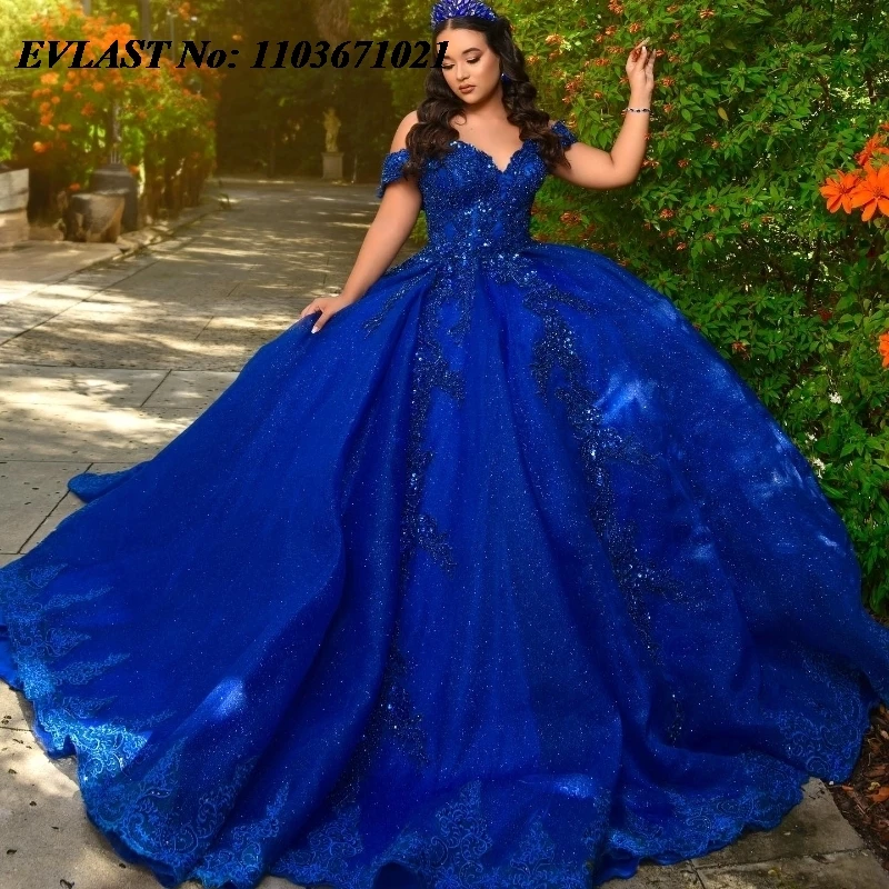 EVLAST Glitter Royal Blue Quinnceanera Dress Ball Gown Lace Applique perline corsetto messicano dolce 16 Vestidos De 15 Anos SQ551