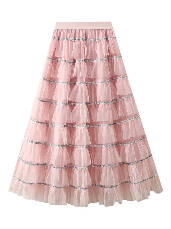 

Полосатая лоскутная юбка-торт с блестками и высокой талией, уличная длинная юбка из полиэфирного волокна, женская юбка 8–24 лет