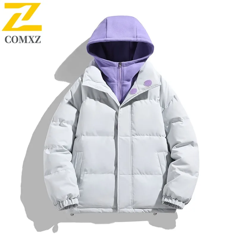 

COMXZ Winter Couple Cotton Coat Casual Puffer Jacket Thick Color Block Fake Two Piece Hooded Men Quilted lightweight windbreaker