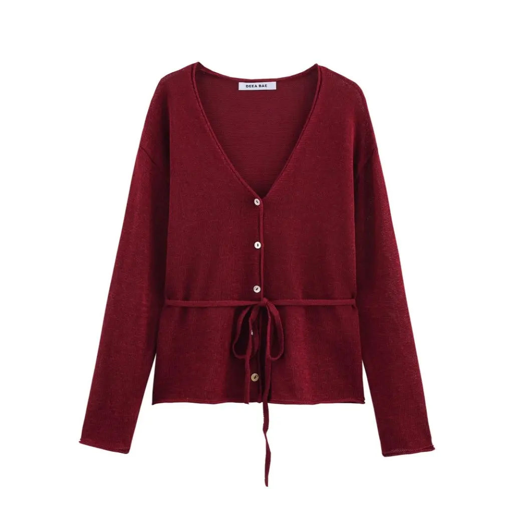 

Women's Elegant V Neck Lace-Up Linen Blended Knitted Jacket Spring Fashion European American Style