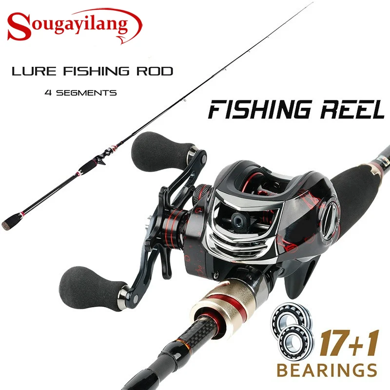 Sougayilang Casting Fishing Set 4 Sections Carbon Fiber Fishing Rod and 17+1BB Casting Fishing Reel  for Outdoor Travel Fishing