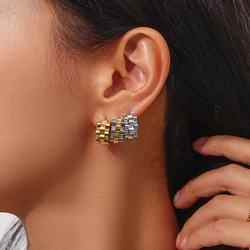 Punk Stainless Steel Strap Textured CC Earrings Cool Gold and Silver Mixed Color 18K Gold Plated Waterproof Earrings for Women