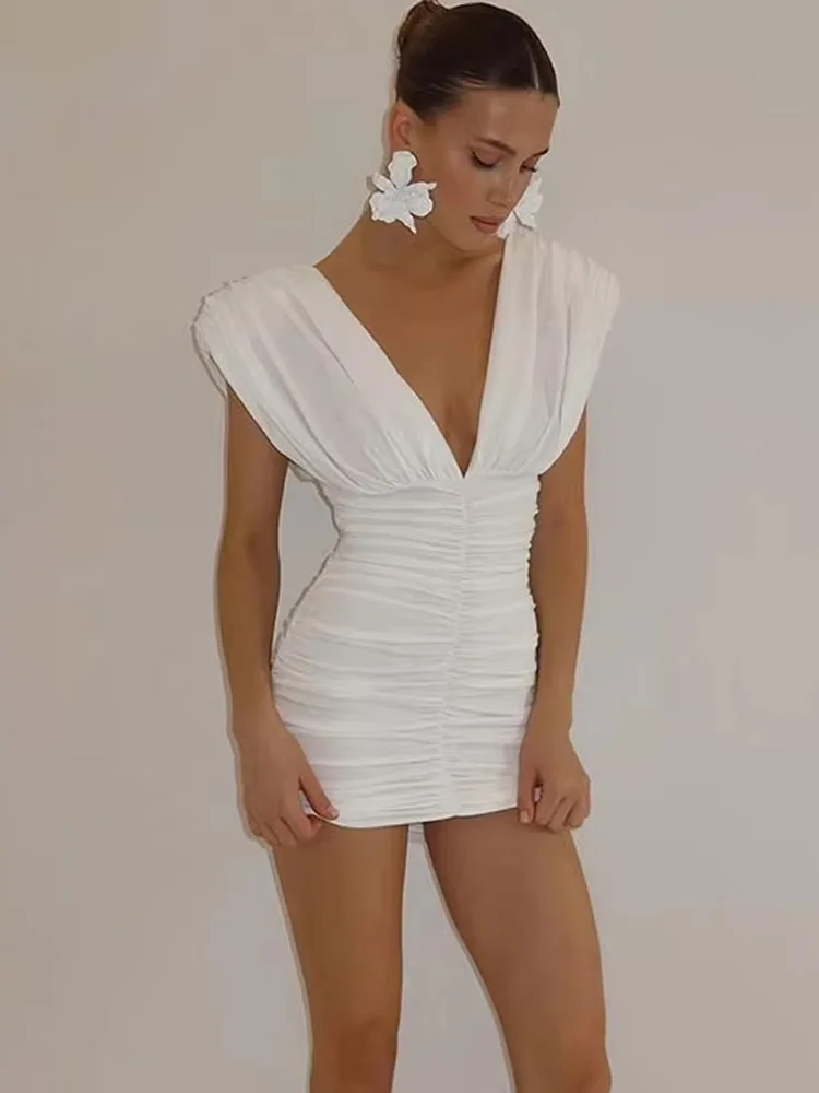 Nibber Klassieke Ruches Elegante Jurk Vrouwen Y2K Perzik Billen Diepe v-hals Effen Mouwloos Verjaardagsfeestje Zomer Mini Bodycon