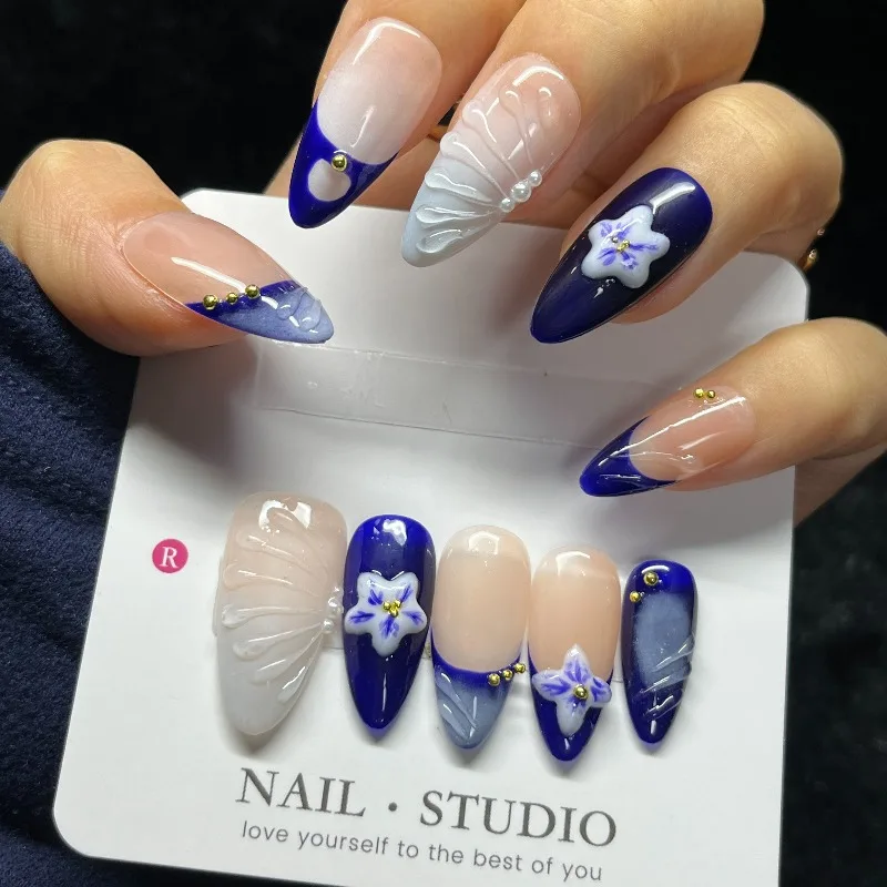 

10PCS Navy Blue Floral Press on Nails Almond Nude with 3D Flowers Gold Bead False Nails Elegant Garden Handmade Nails for Women