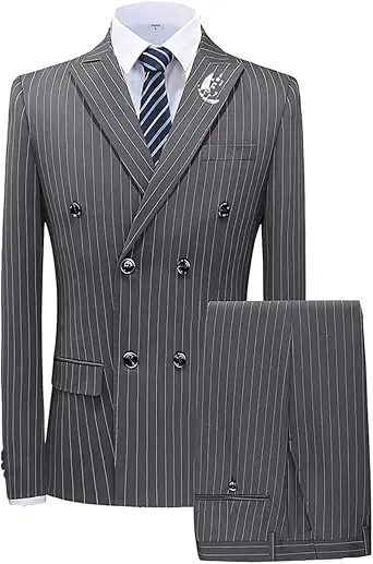 بدلة رجالية فاخرة 2 قطعة بدلة مخططة للرجال سترة وسراويل مجموعة مزدوجة الصدر كلاسيكية مقلمة سهرة للرجال حفلة عمل
